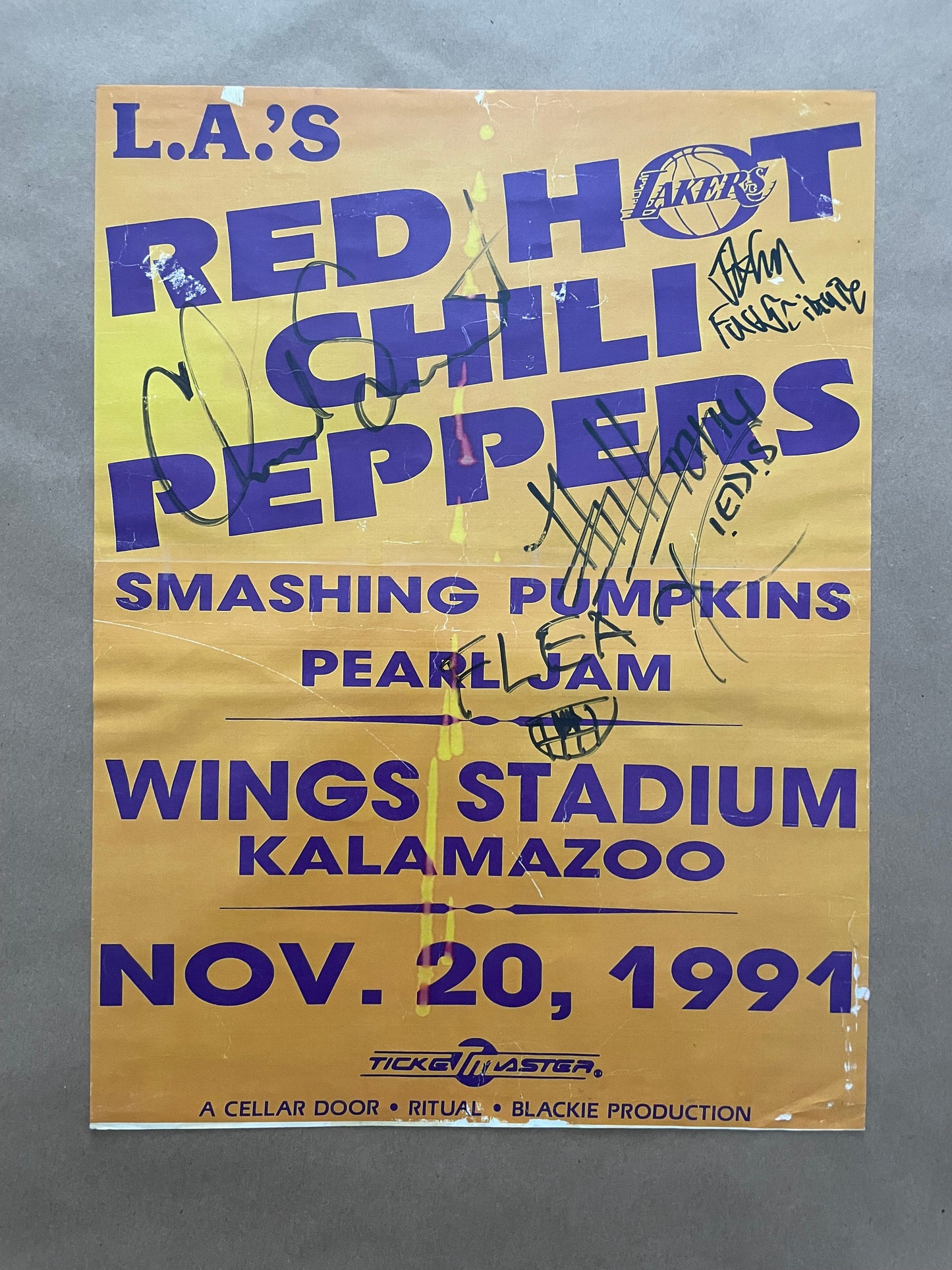 Red Hot Chili Peppers, Pearl Jam & Smashing Pumpkins Kalamazoo, Michigan 1991 (RHCP Band Signed)