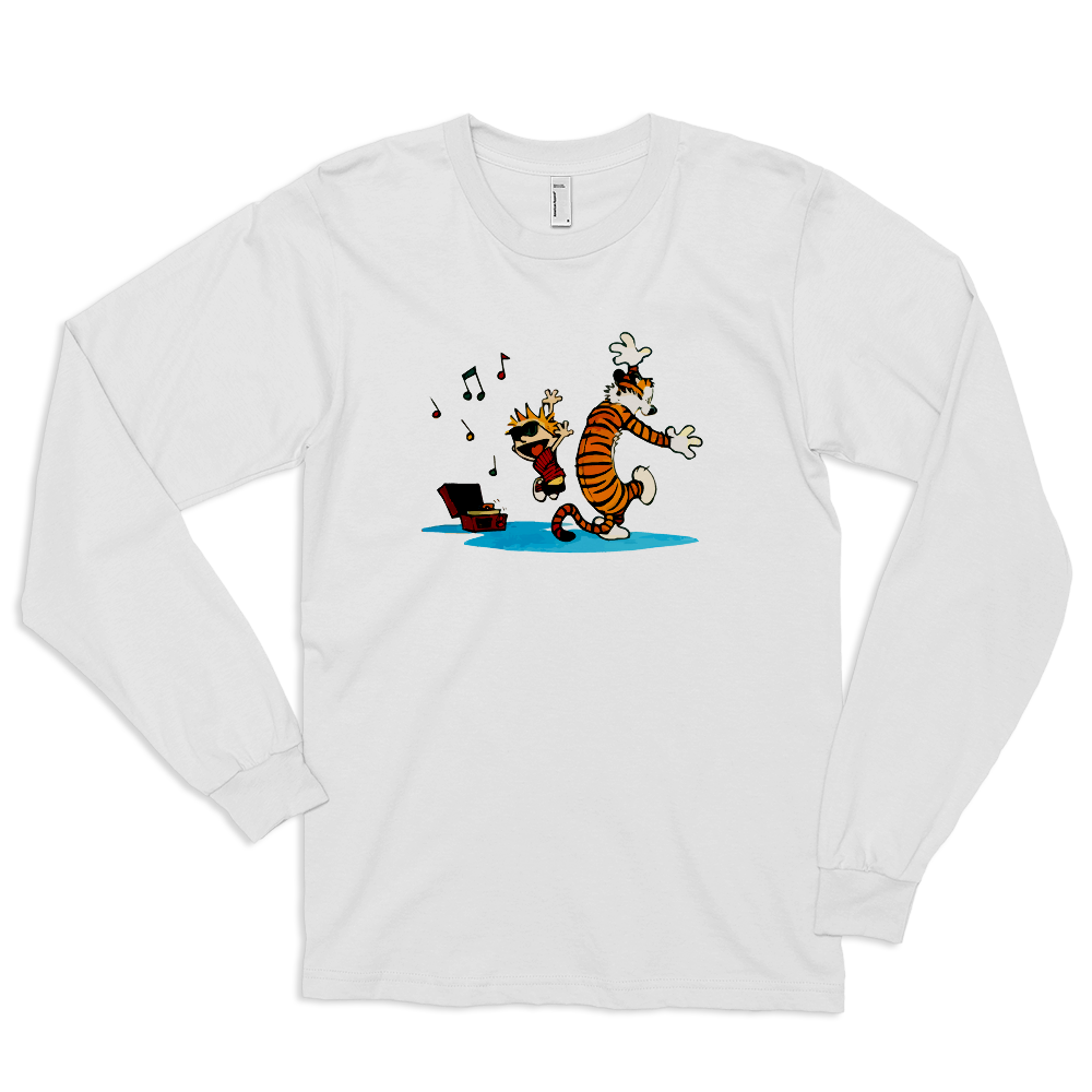 Calvin and Hobbes Dancing with Record Player Long Sleeve Shirt-0