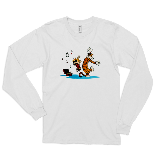 Calvin and Hobbes Dancing with Record Player Long Sleeve Shirt-0