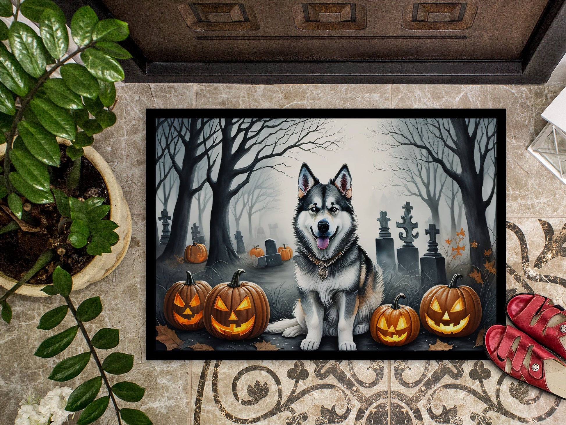 Alaskan Malamute Spooky Halloween Doormat-2