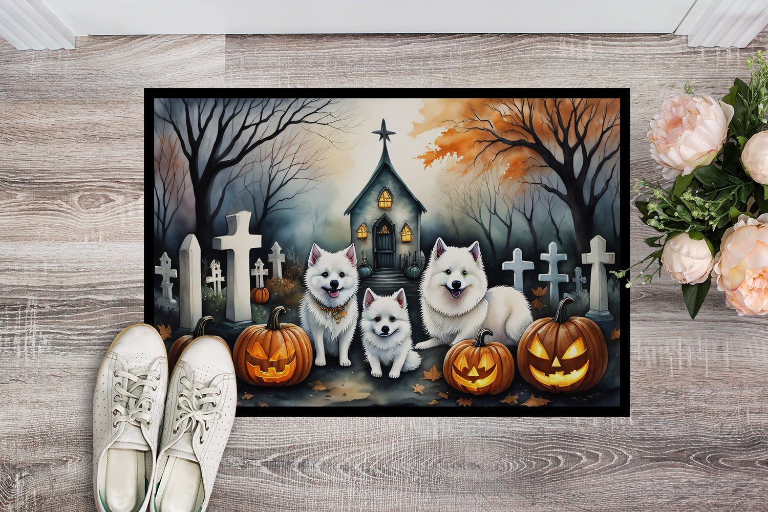 American Eskimo Spooky Halloween Doormat-1