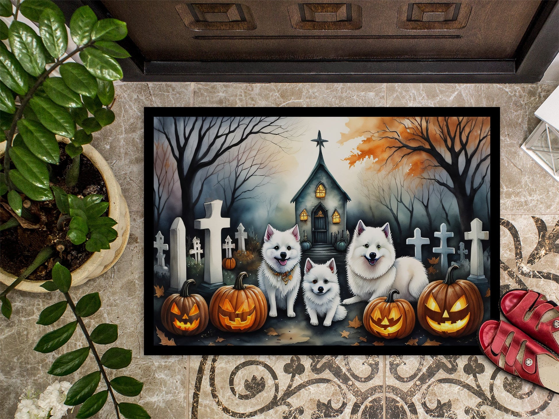 American Eskimo Spooky Halloween Doormat-2