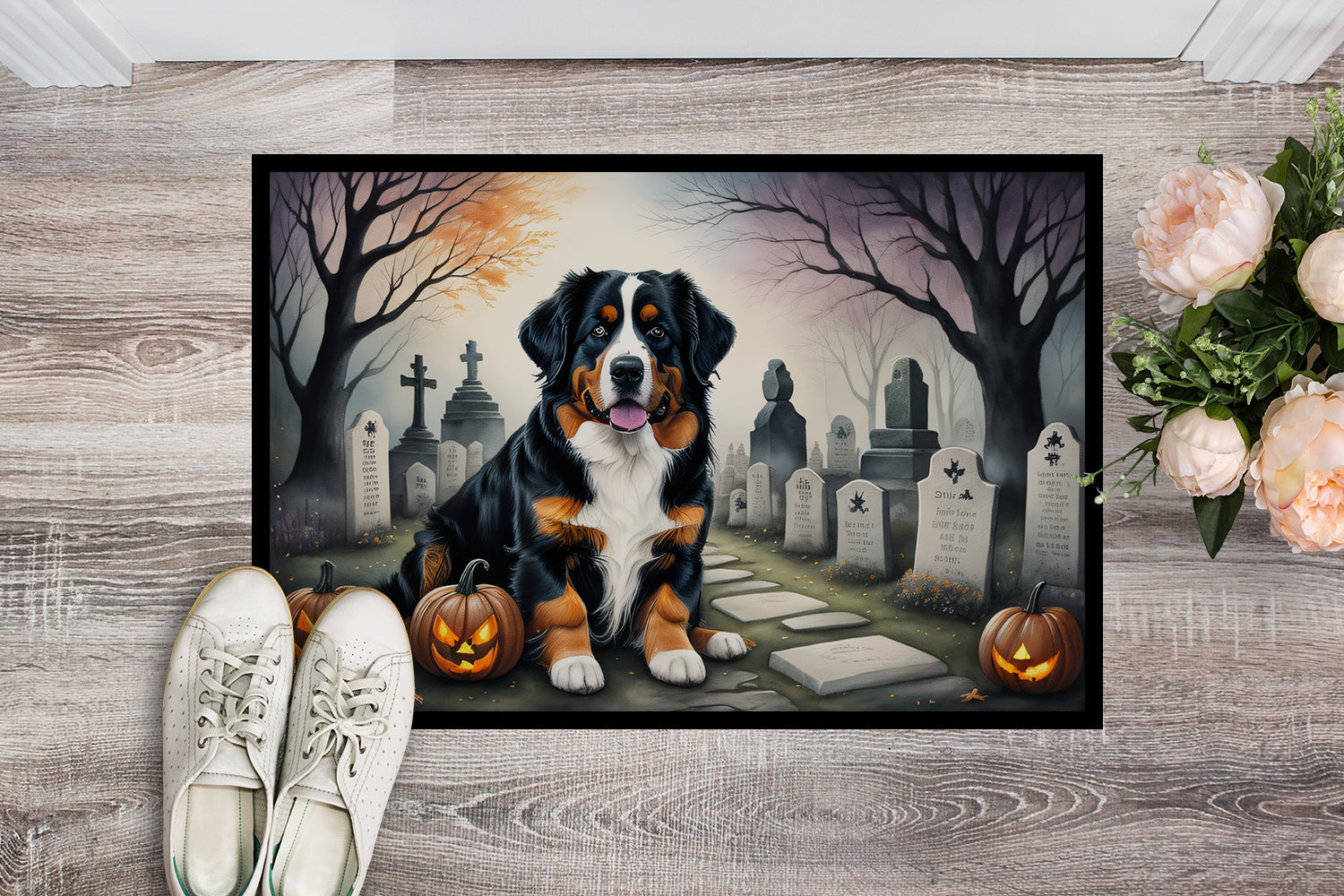 Bernese Mountain Dog Spooky Halloween Doormat-1