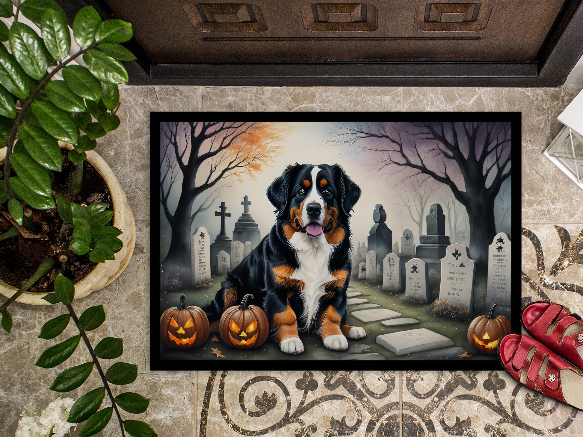 Bernese Mountain Dog Spooky Halloween Doormat-2