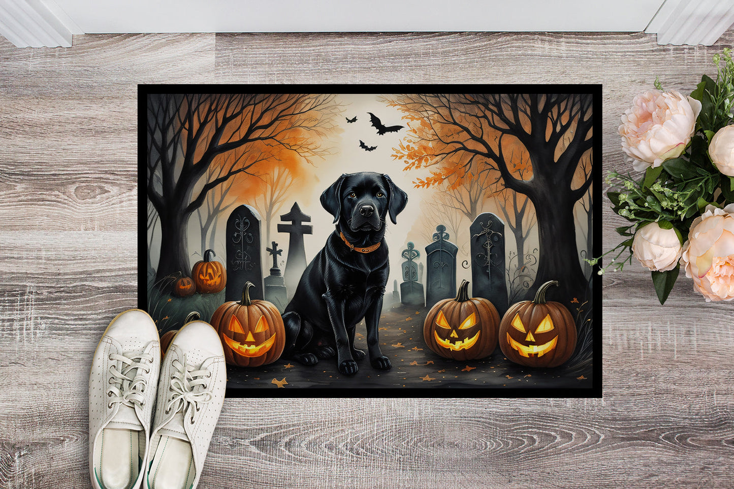 Black Labrador Retriever Spooky Halloween Doormat-1