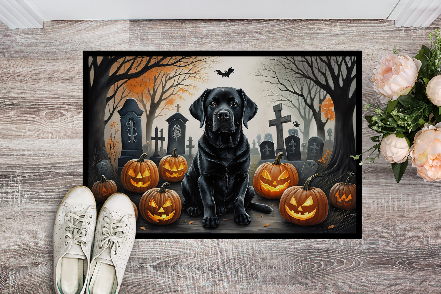 Black Labrador Retriever Spooky Halloween Doormat-1