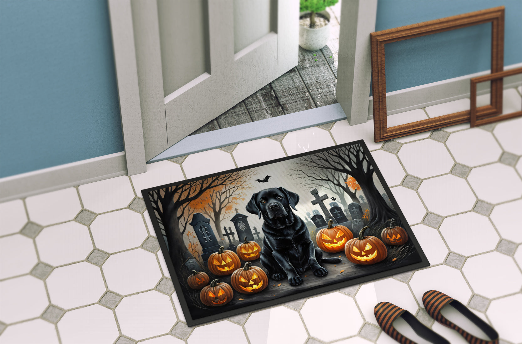 Black Labrador Retriever Spooky Halloween Doormat-3