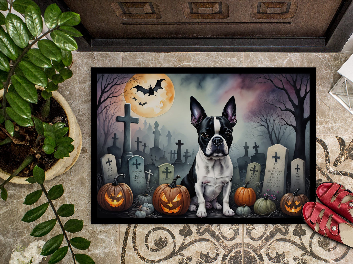 Boston Terrier Spooky Halloween Doormat-2