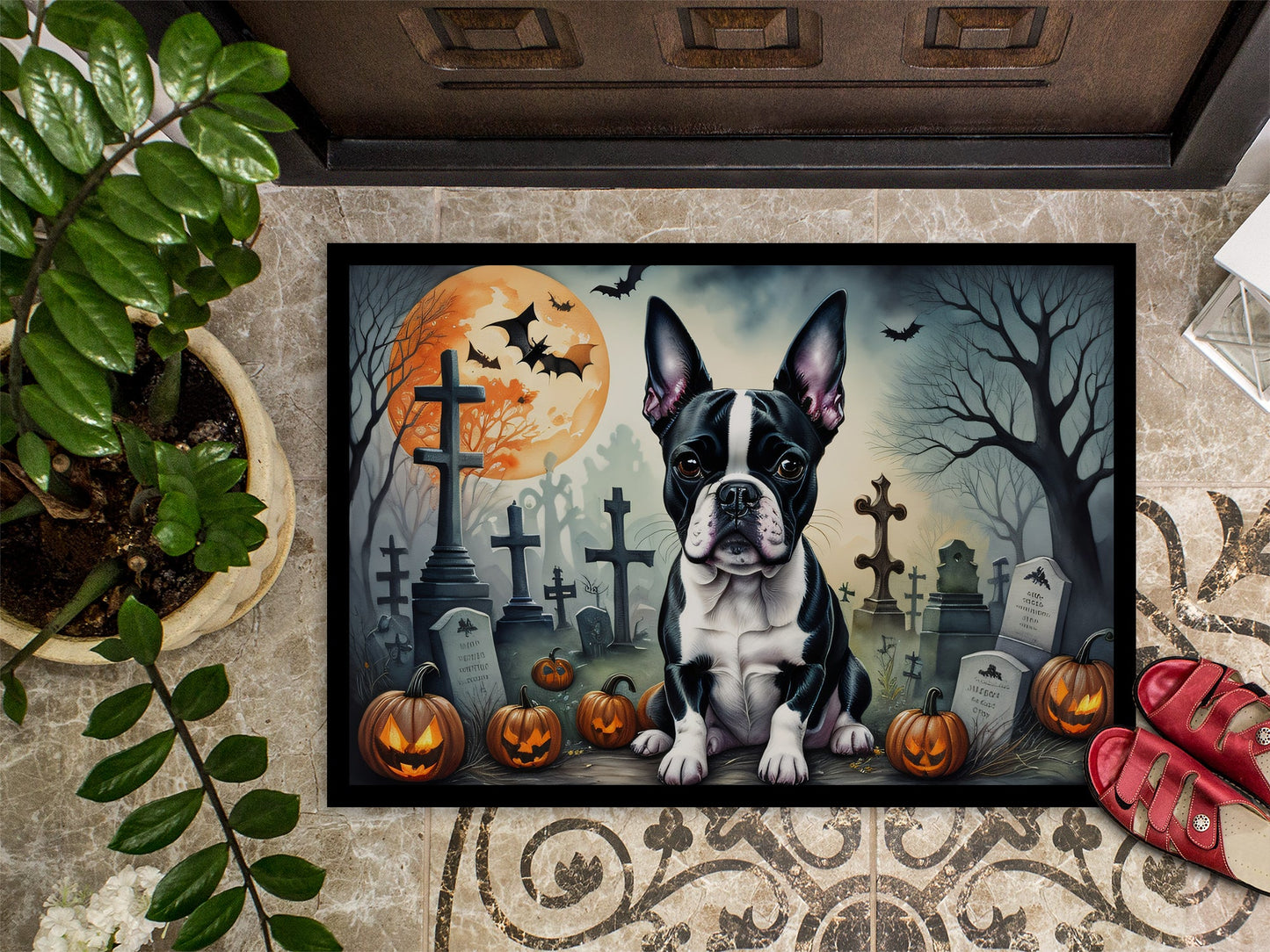 Boston Terrier Spooky Halloween Doormat-2