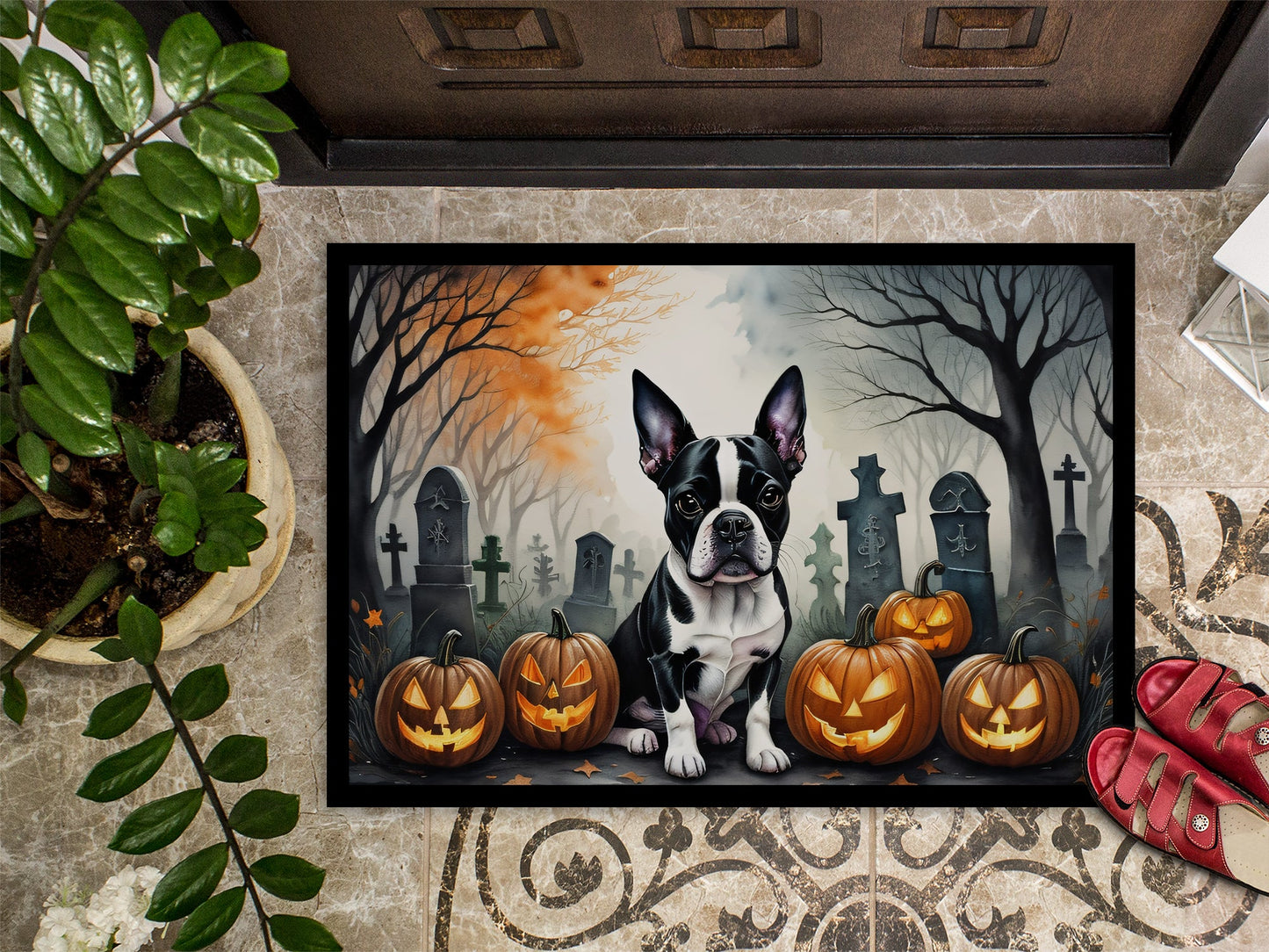 Boston Terrier Spooky Halloween Doormat-2