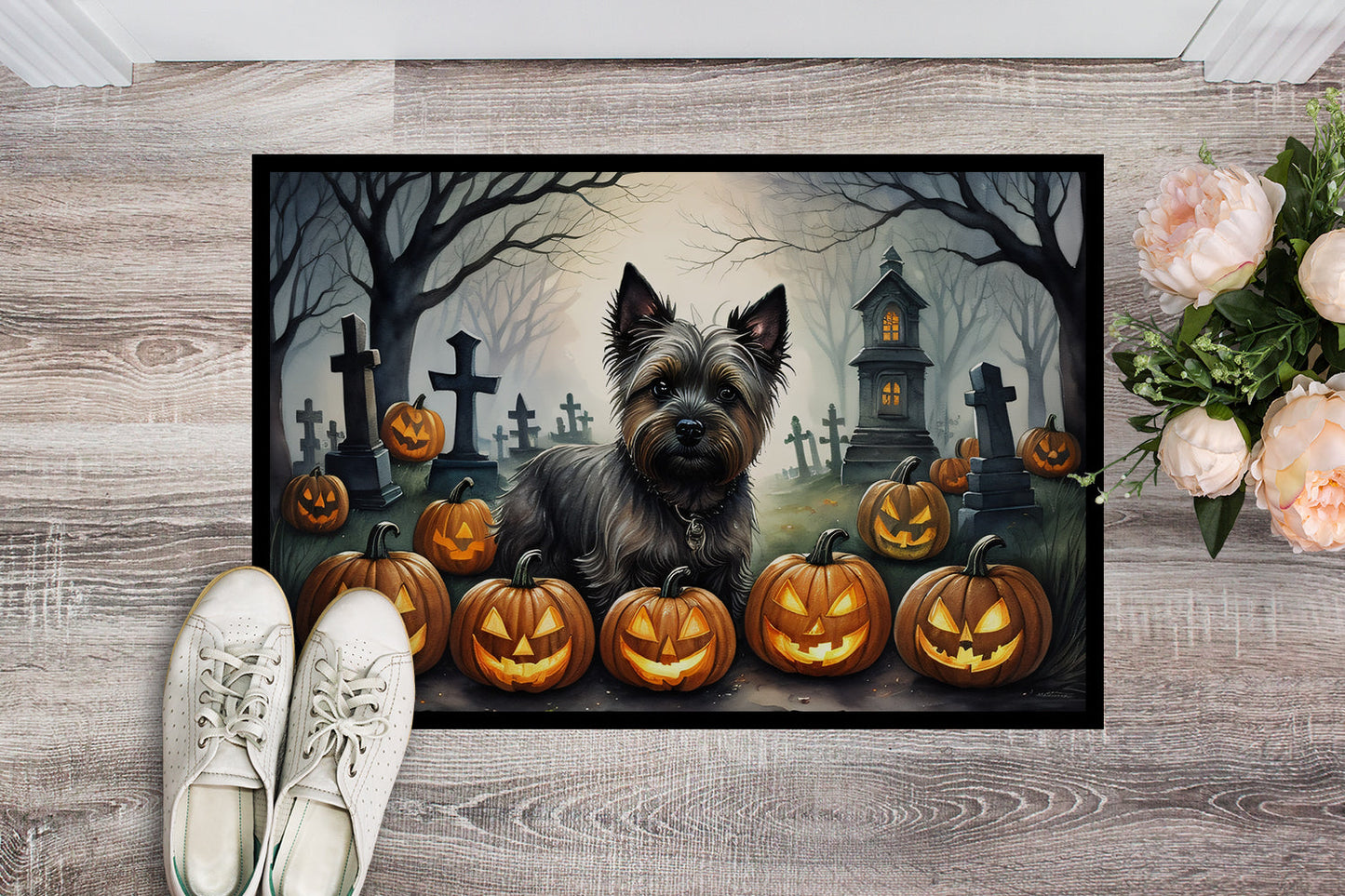 Cairn Terrier Spooky Halloween Doormat-1