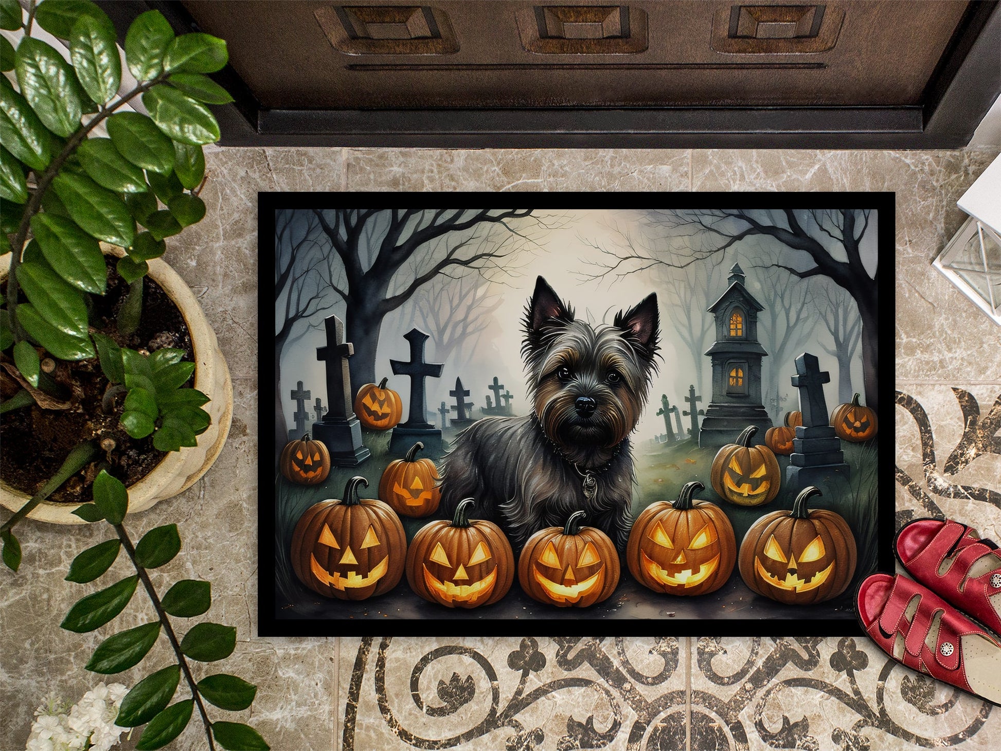 Cairn Terrier Spooky Halloween Doormat-2