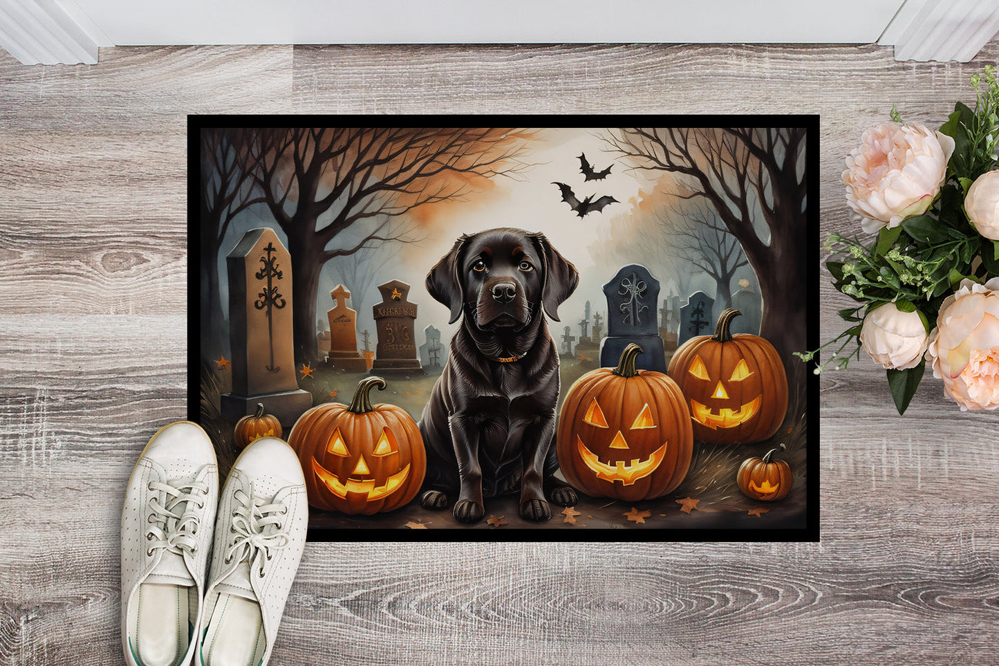 Chocolate Labrador Retriever Spooky Halloween Doormat-1