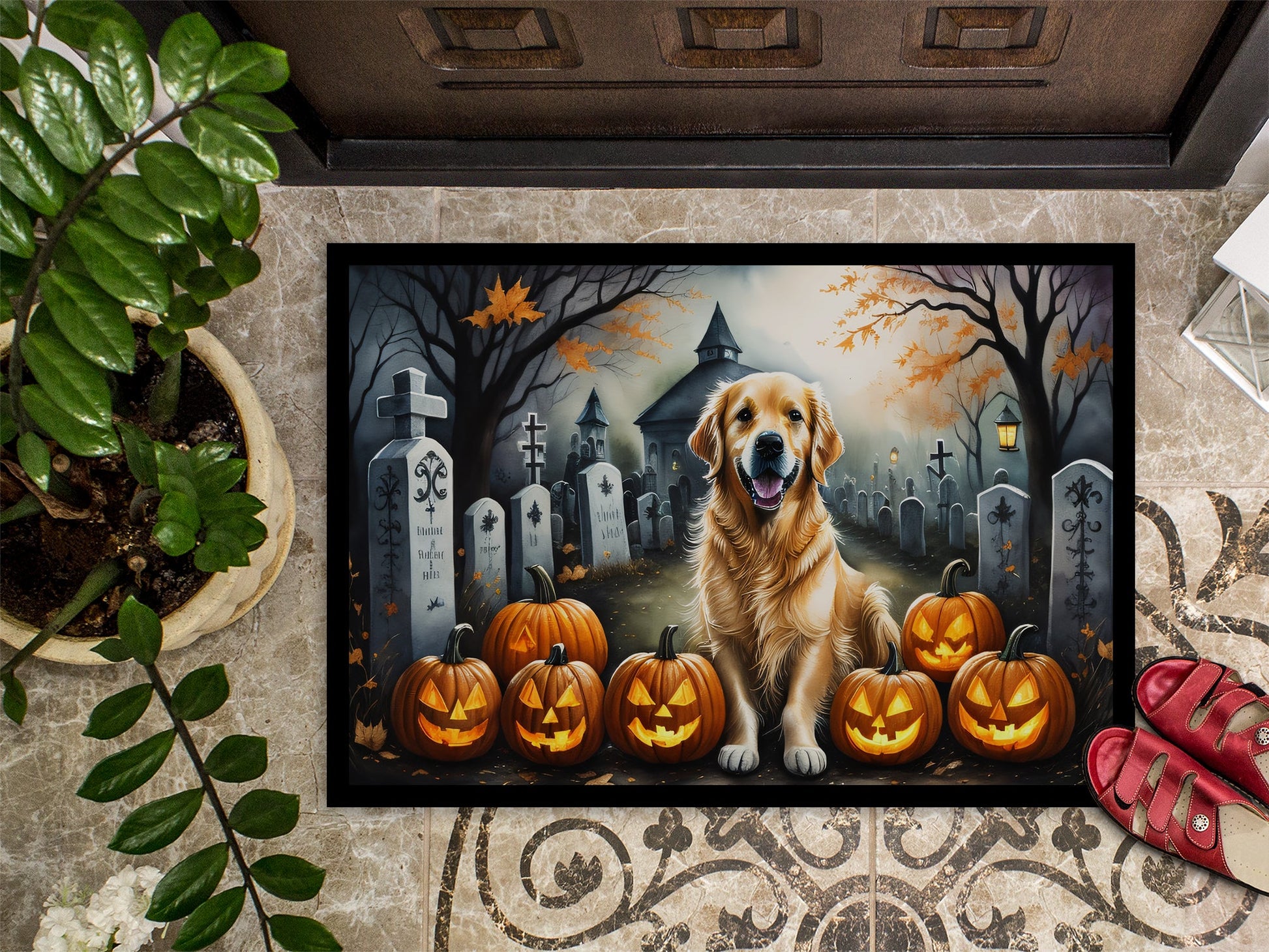 Golden Retriever Spooky Halloween Doormat-2