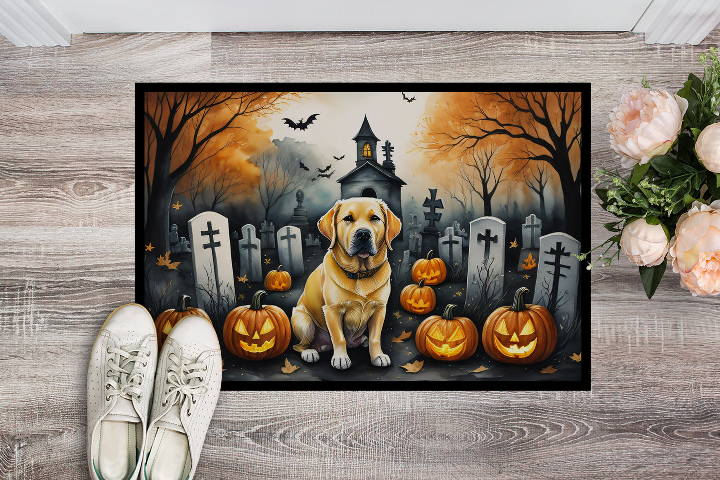 Yellow Labrador Retriever Spooky Halloween Doormat-1