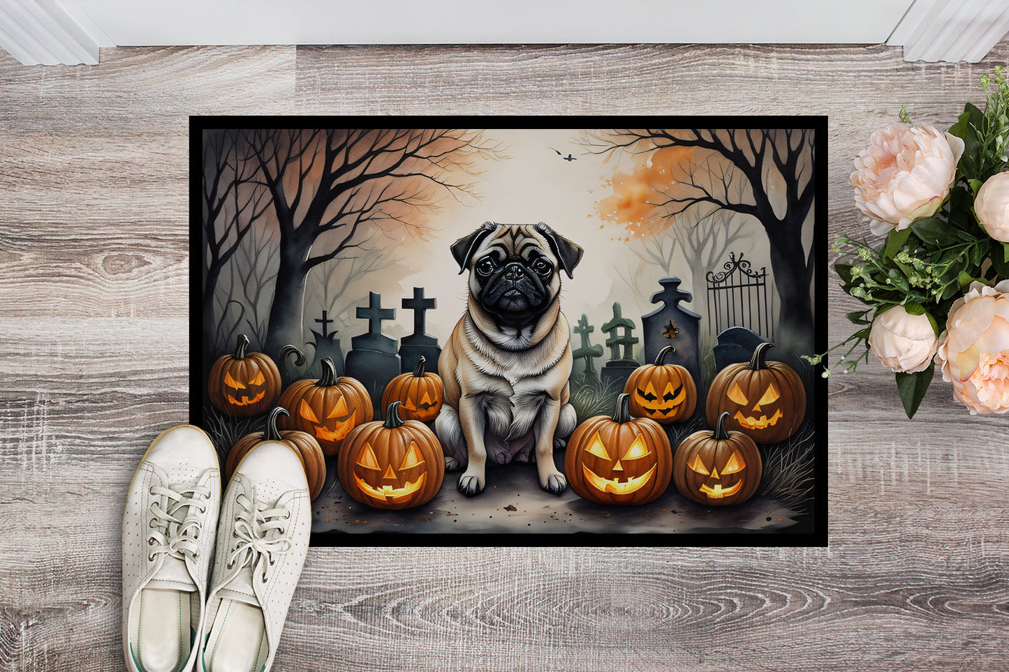 Fawn Pug Spooky Halloween Doormat-1