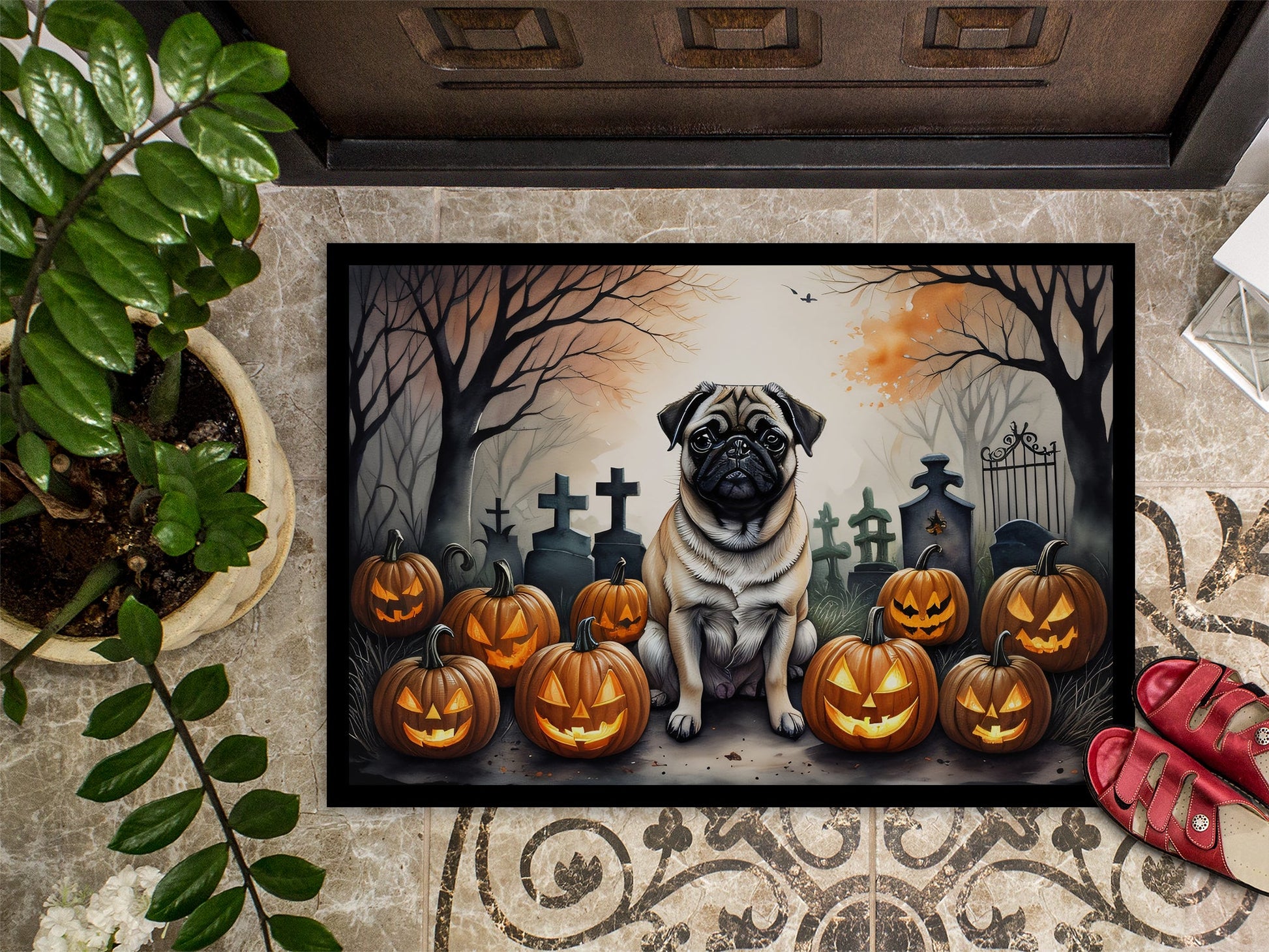 Fawn Pug Spooky Halloween Doormat-2