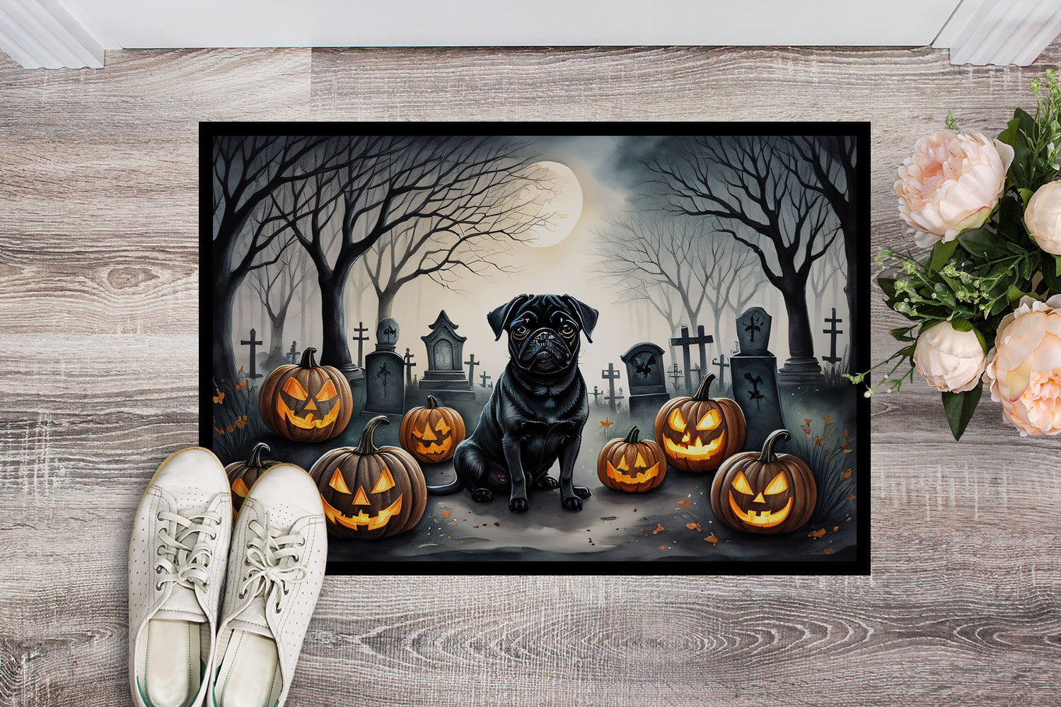 Black Pug Spooky Halloween Doormat-1