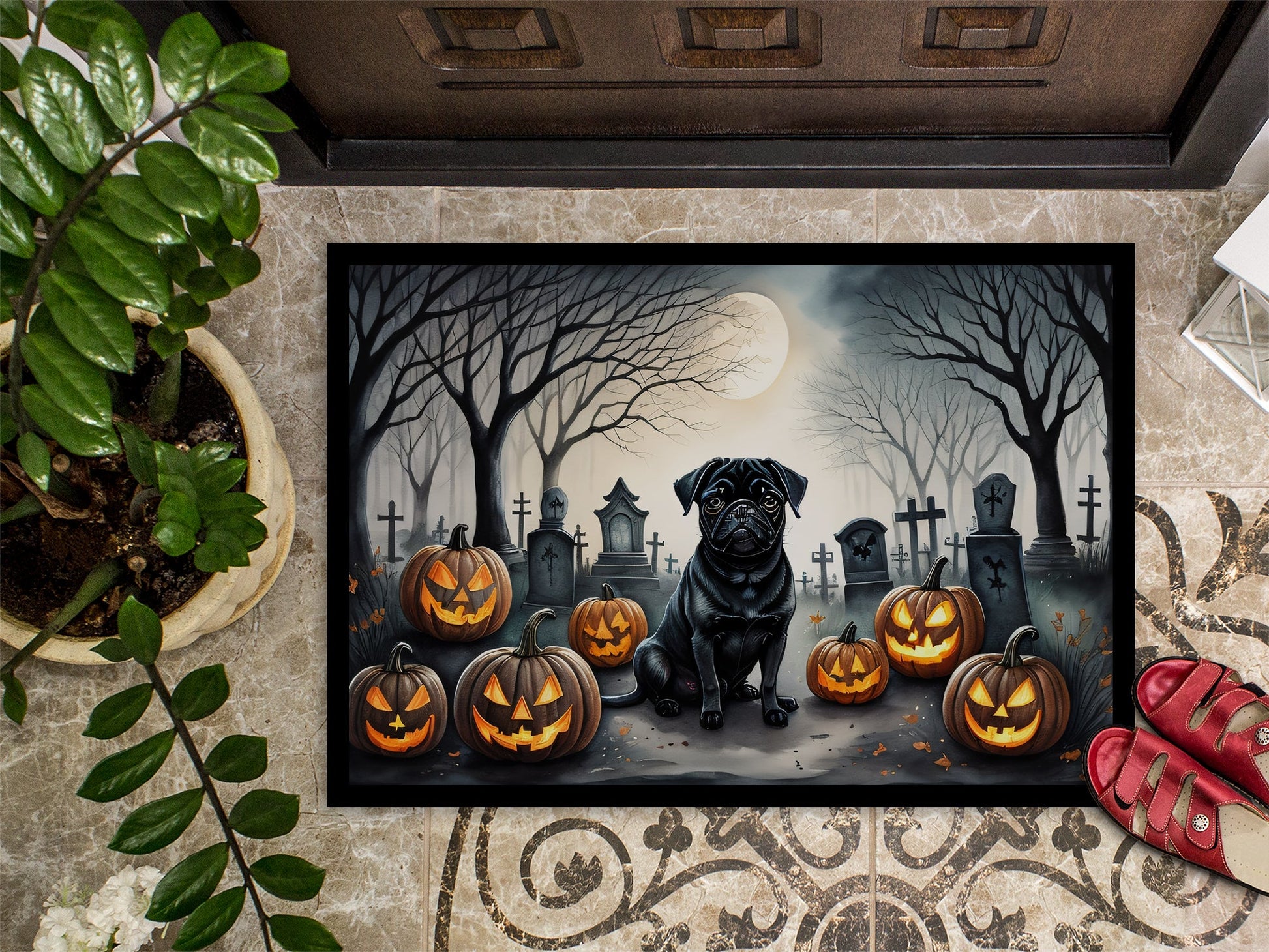 Black Pug Spooky Halloween Doormat-2