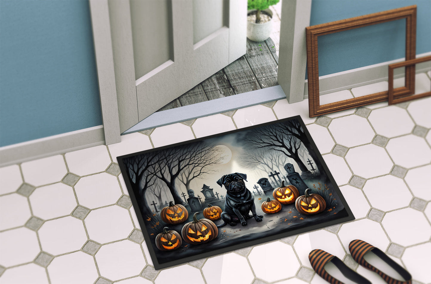 Black Pug Spooky Halloween Doormat-3