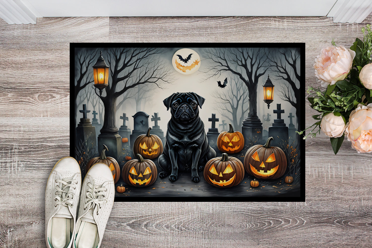 Black Pug Spooky Halloween Doormat-1