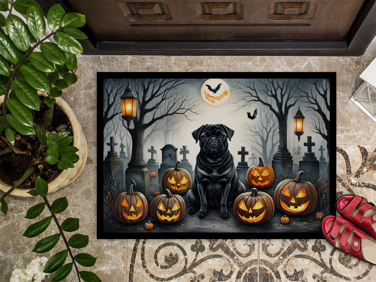 Black Pug Spooky Halloween Doormat-2