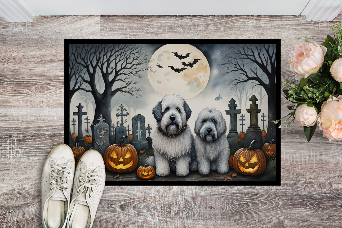 Old English Sheepdog Spooky Halloween Doormat-1