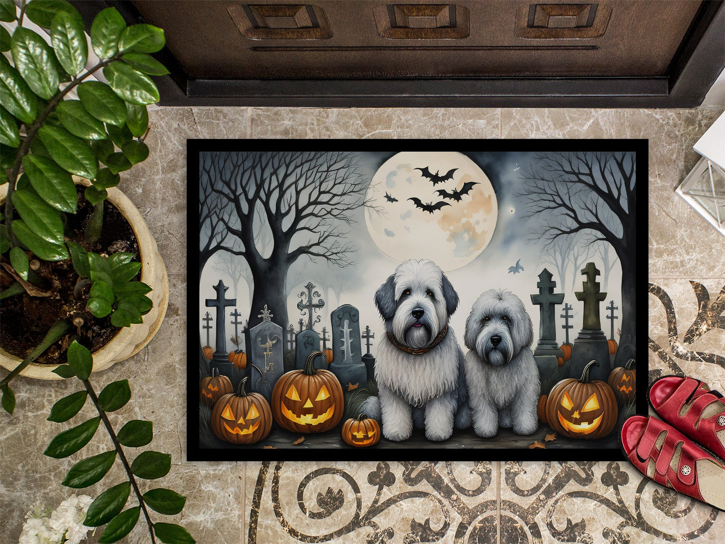 Old English Sheepdog Spooky Halloween Doormat-2