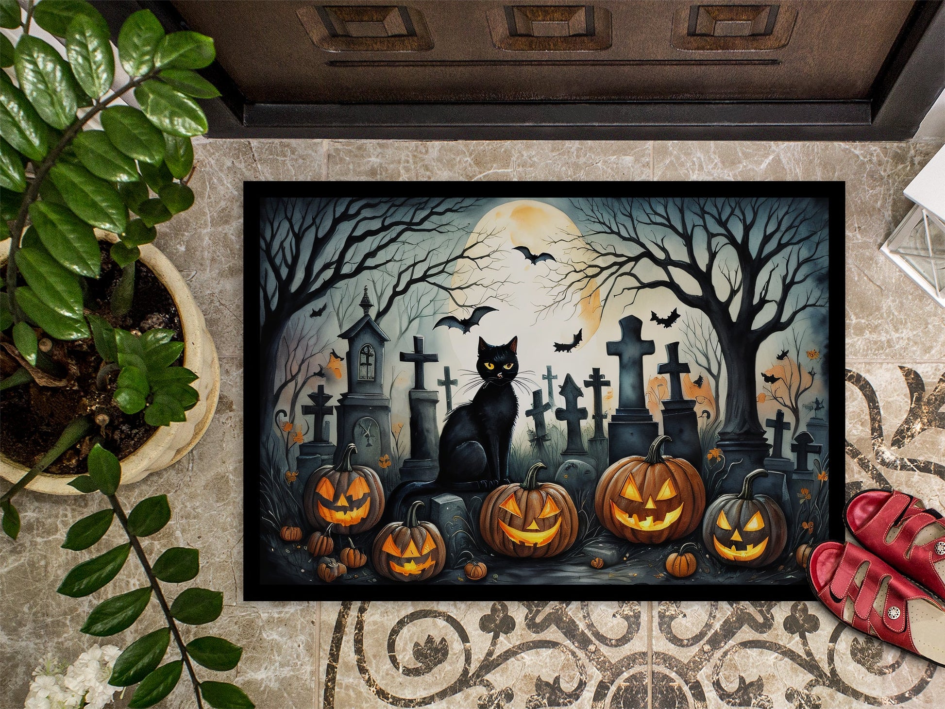 Black Cat Spooky Halloween Doormat-2