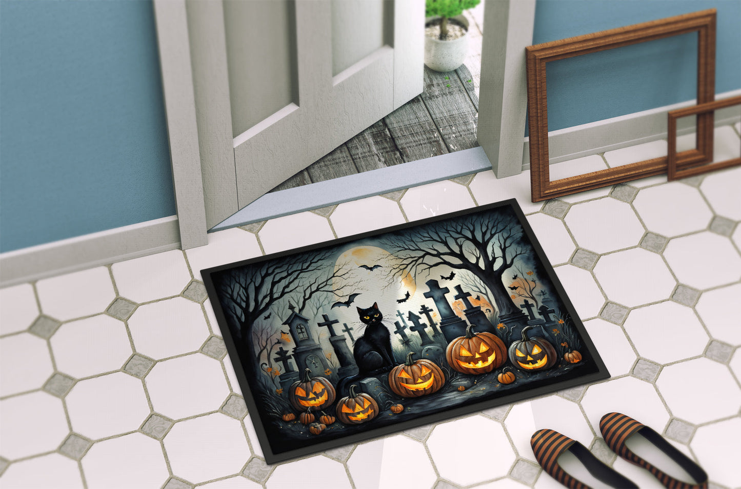 Black Cat Spooky Halloween Doormat-3