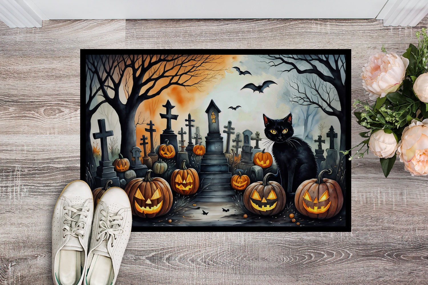 Black Cat Spooky Halloween Doormat-1