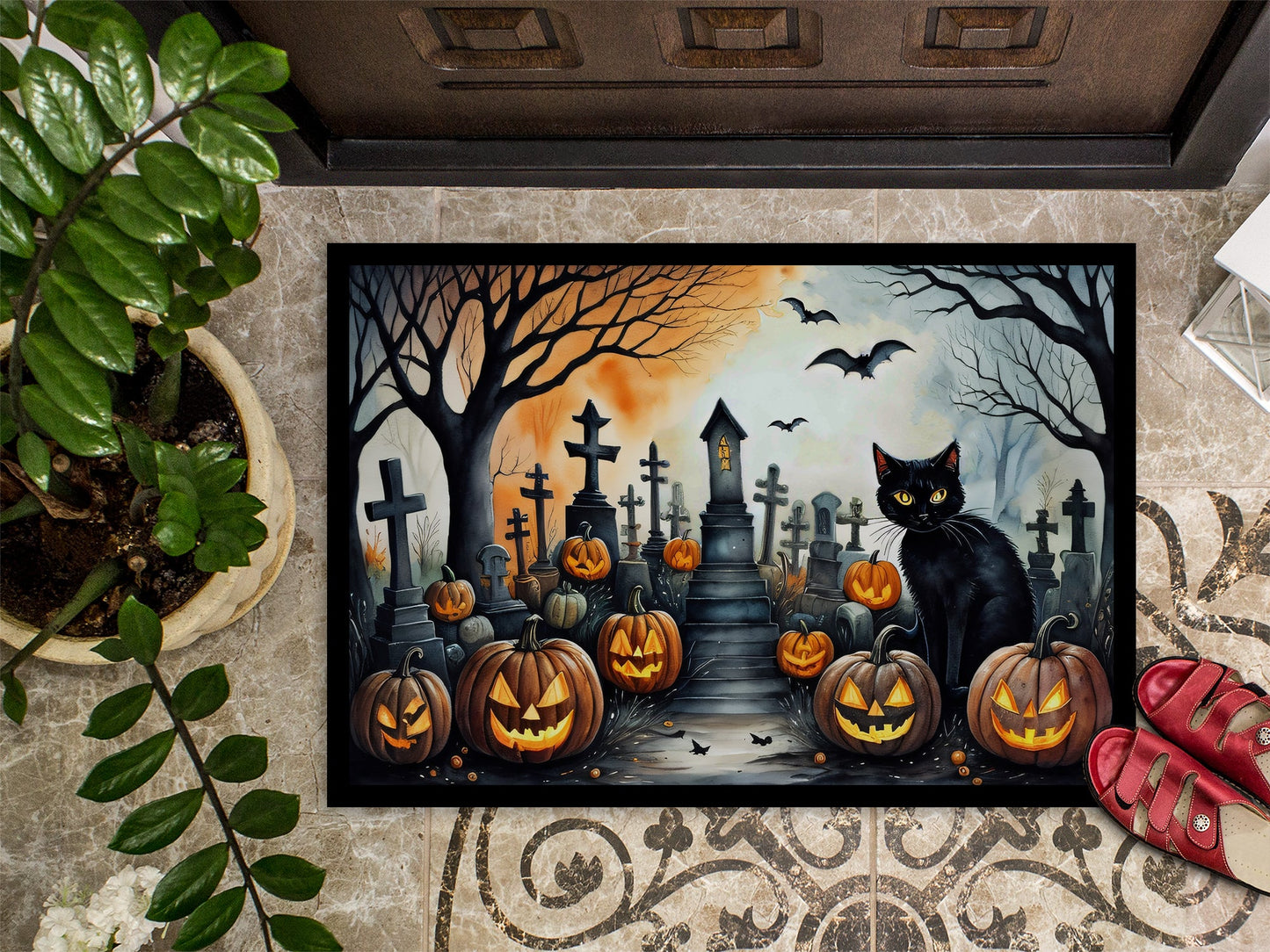 Black Cat Spooky Halloween Doormat-2