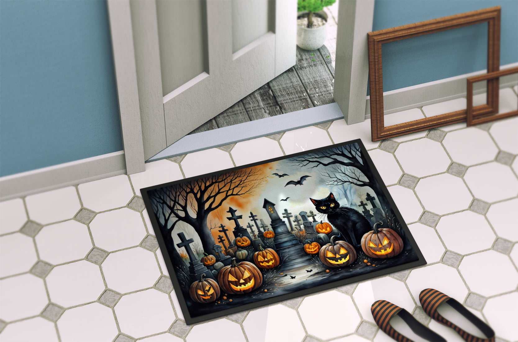 Black Cat Spooky Halloween Doormat-3