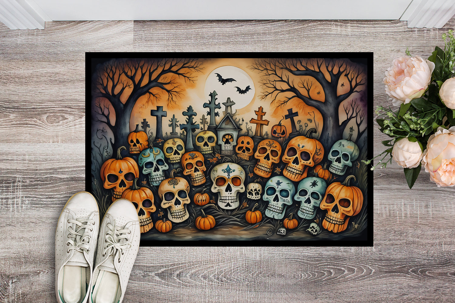 Calaveras Sugar Skulls Spooky Halloween Doormat-1