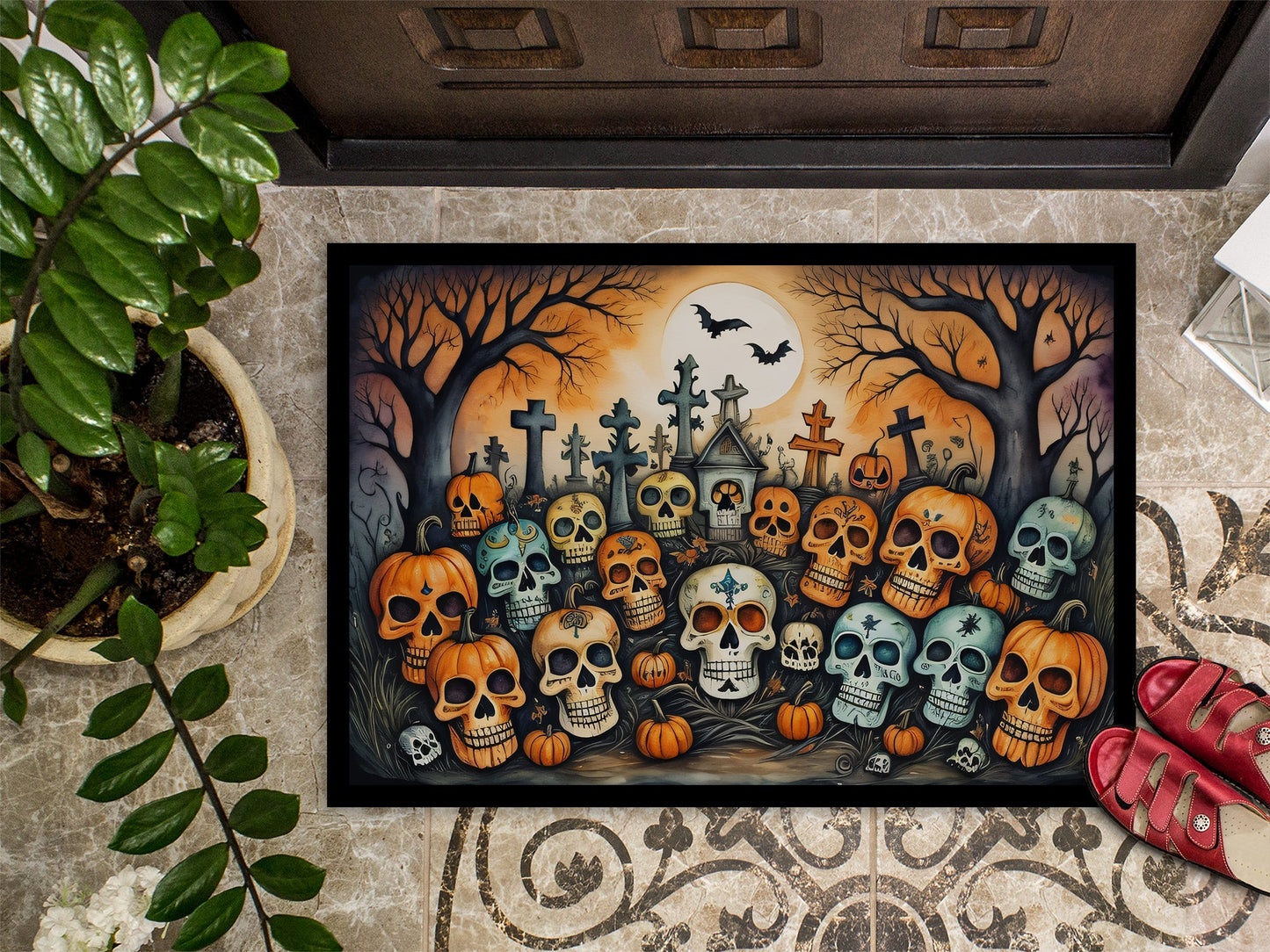 Calaveras Sugar Skulls Spooky Halloween Doormat-2