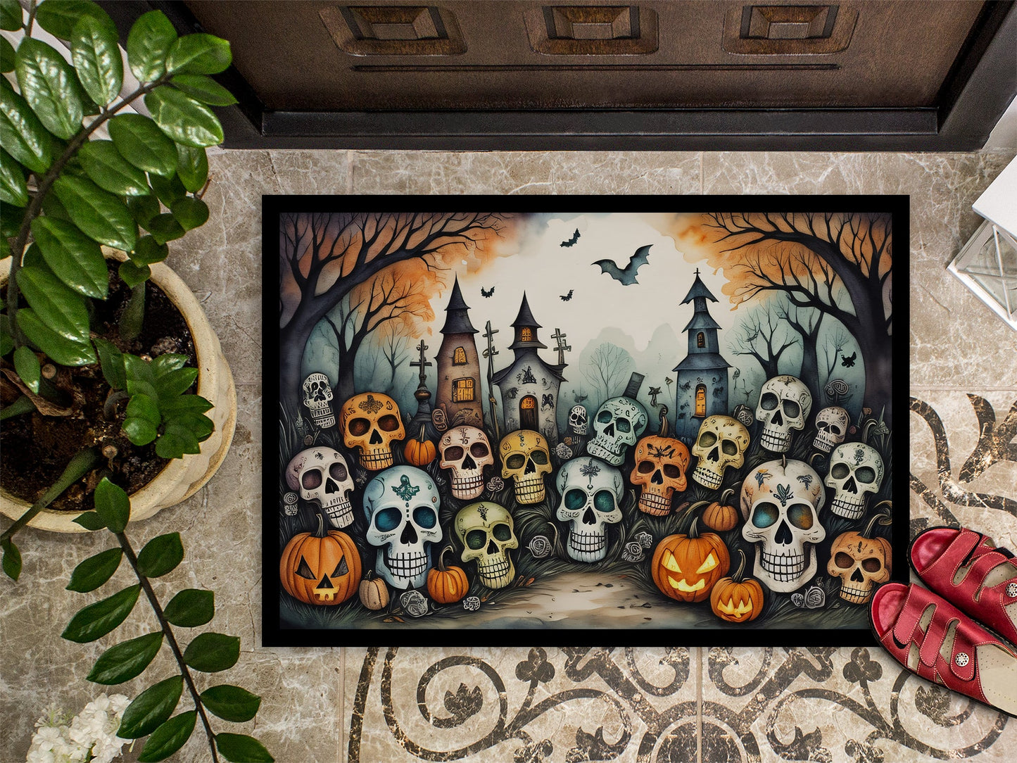 Calaveras Sugar Skulls Spooky Halloween Doormat-2