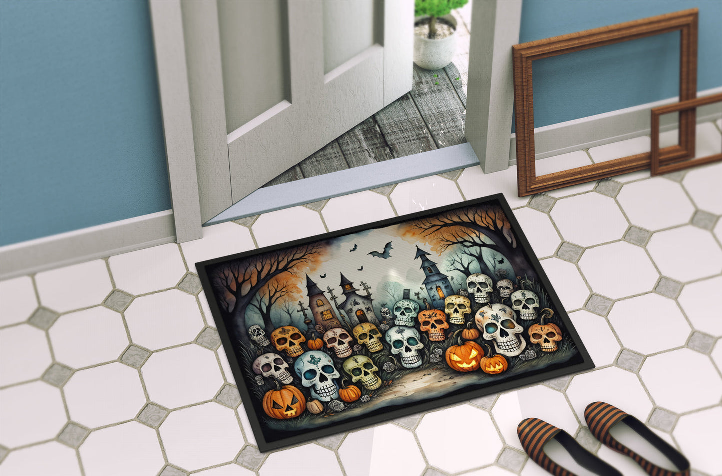 Calaveras Sugar Skulls Spooky Halloween Doormat-3