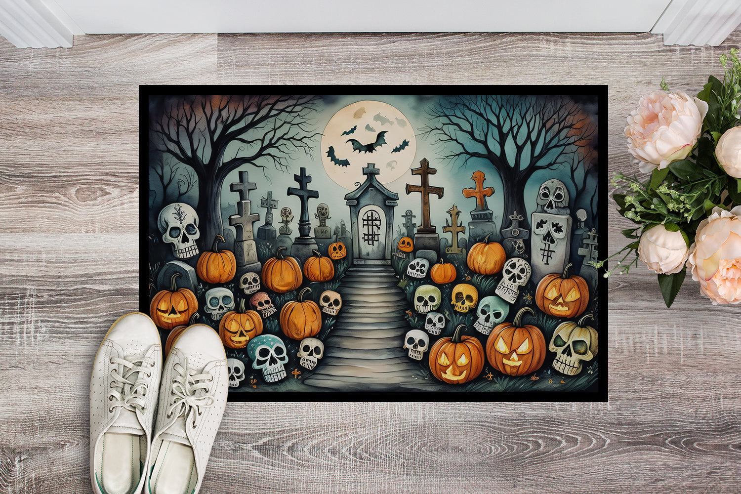 Calaveras Sugar Skulls Spooky Halloween Doormat-1