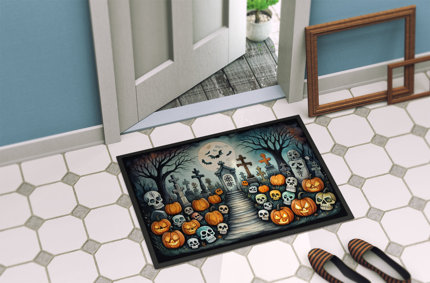 Calaveras Sugar Skulls Spooky Halloween Doormat-3