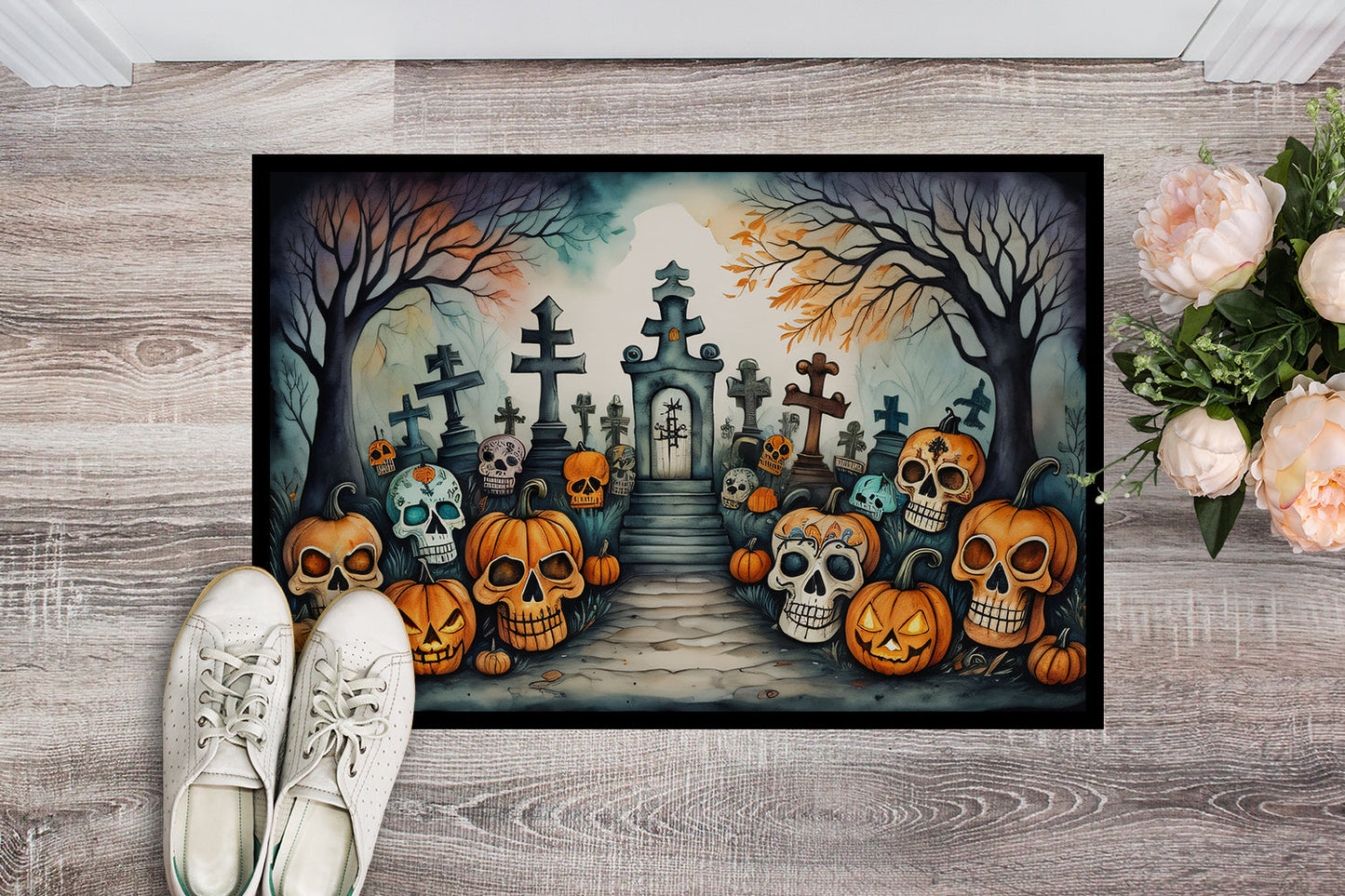 Calaveras Sugar Skulls Spooky Halloween Doormat-1