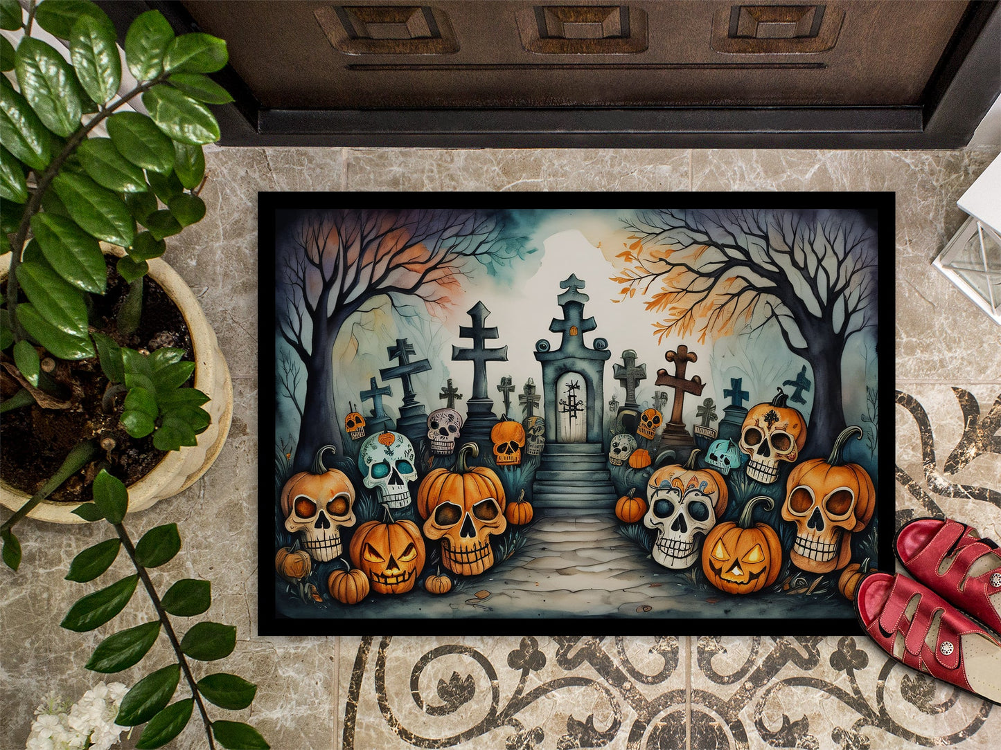 Calaveras Sugar Skulls Spooky Halloween Doormat-2