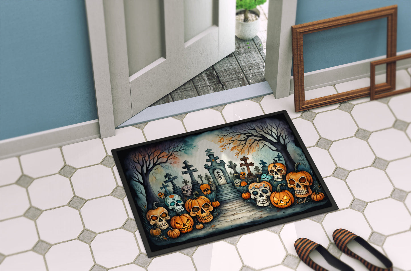 Calaveras Sugar Skulls Spooky Halloween Doormat-3