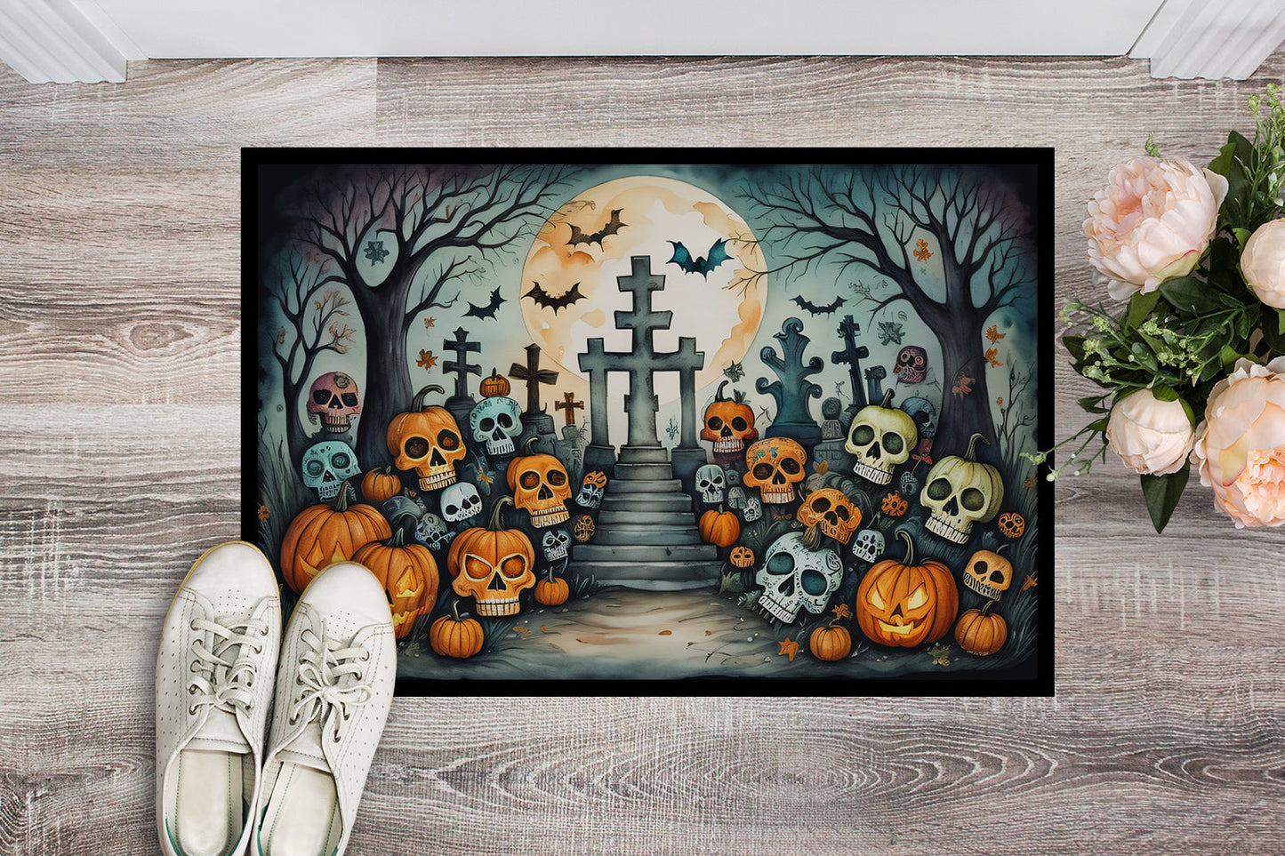 Calaveras Sugar Skulls Spooky Halloween Doormat-1