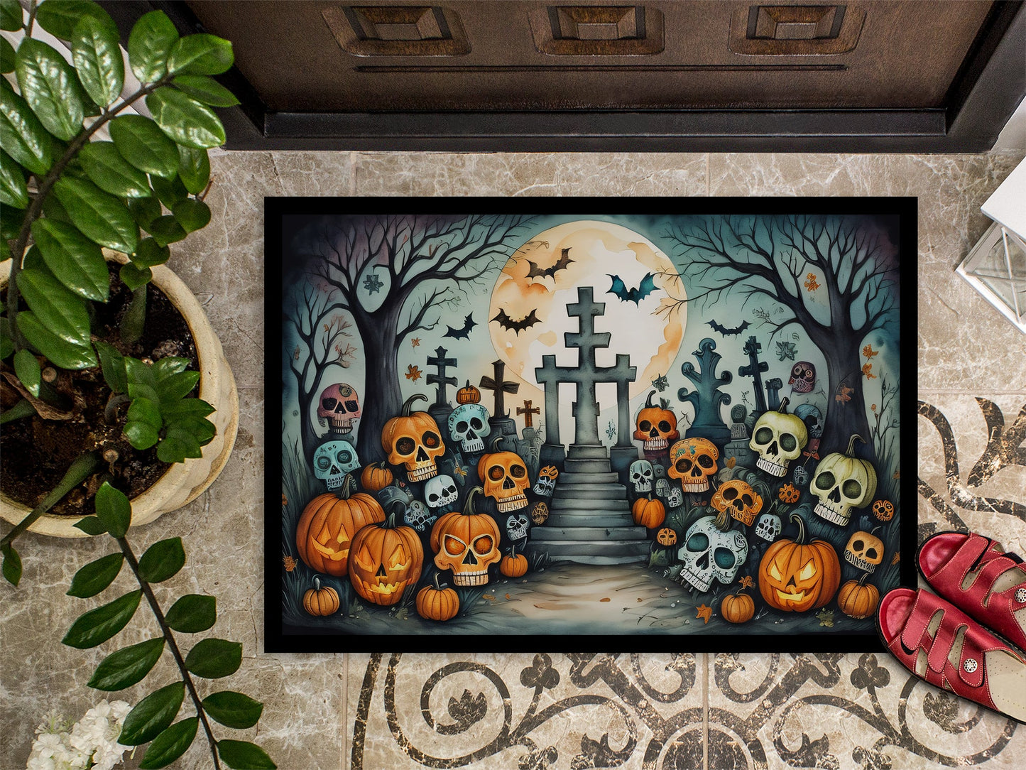 Calaveras Sugar Skulls Spooky Halloween Doormat-2