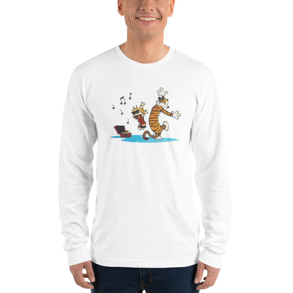 Calvin and Hobbes Dancing with Record Player Long Sleeve Shirt-1